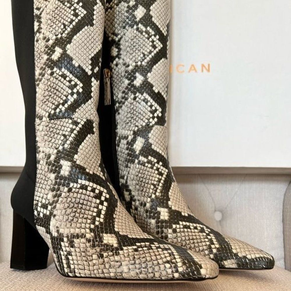 Good American The Statement Mix Knee High Boot in Python Print/Stone Leather 7.5